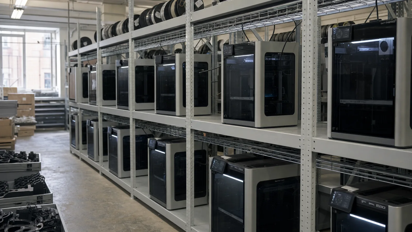 Ряды стеллажей с 3D-принтерами Bambu Lab H2D и P2S в цеху Тотум 3D в Москве